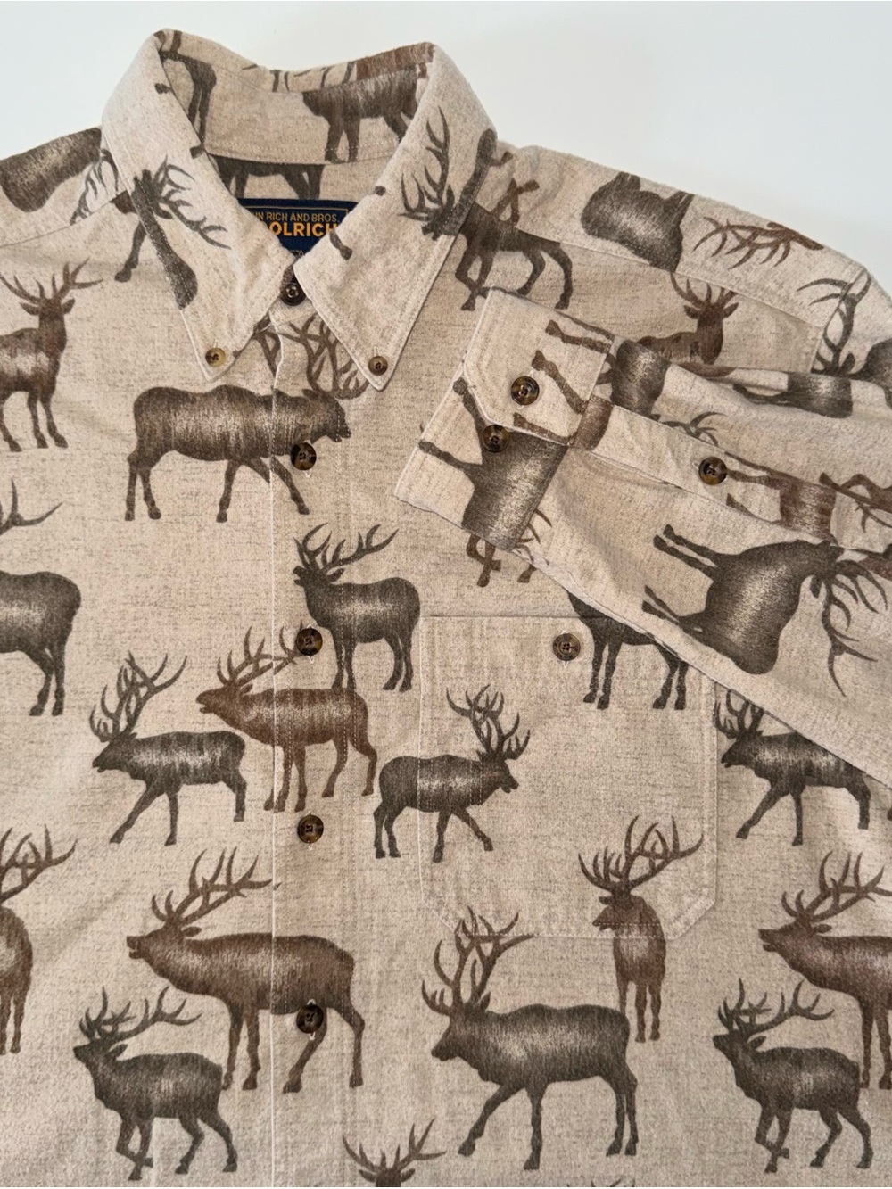 Woolrich Button Down Shirt Men's L Tan Cotton Deer Graphic Outdoor